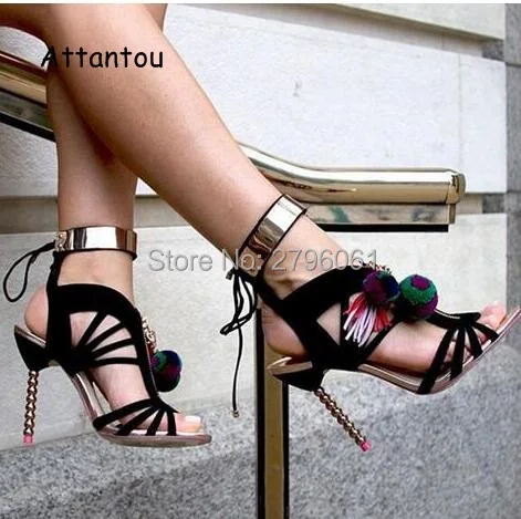 New Arrival Women Fringe Tassel Stiletto Sandals Metal Ankle Wrap Beading Heels Pumps Shoes Pom Pom Lace Up Cut-out Sandal Boots pom pom front zipper design stiletto heels