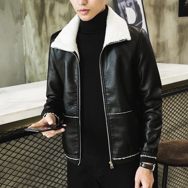 

New2018 Faux Fur Leathe Men Jacket long sleeves turn down collar warm think winter jacket outwear men clothes casual jacket coat