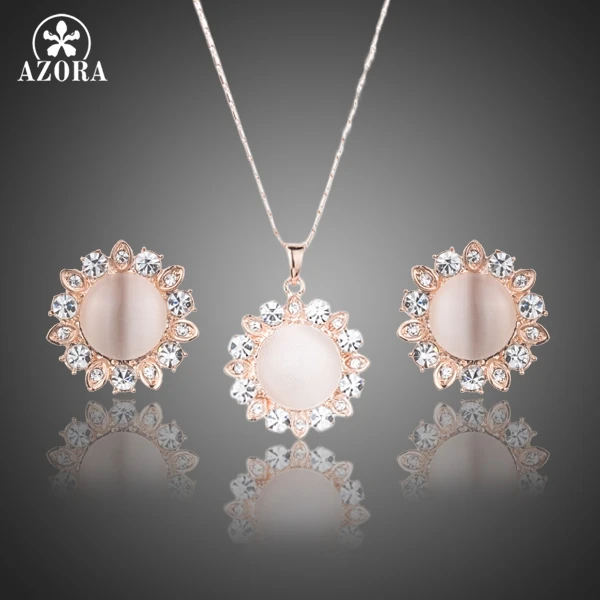 

AZORA Sun Design Rose Gold Color Micro CZ Paved With Round Opal Stud Earrings and Pendant Necklace Jewelry Sets TG0211