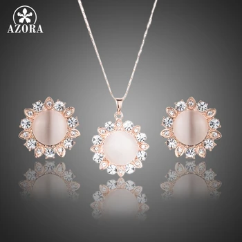 

AZORA Sun Design Rose Gold Color Micro CZ Paved With Round Opal Stud Earrings and Pendant Necklace Jewelry Sets TG0211