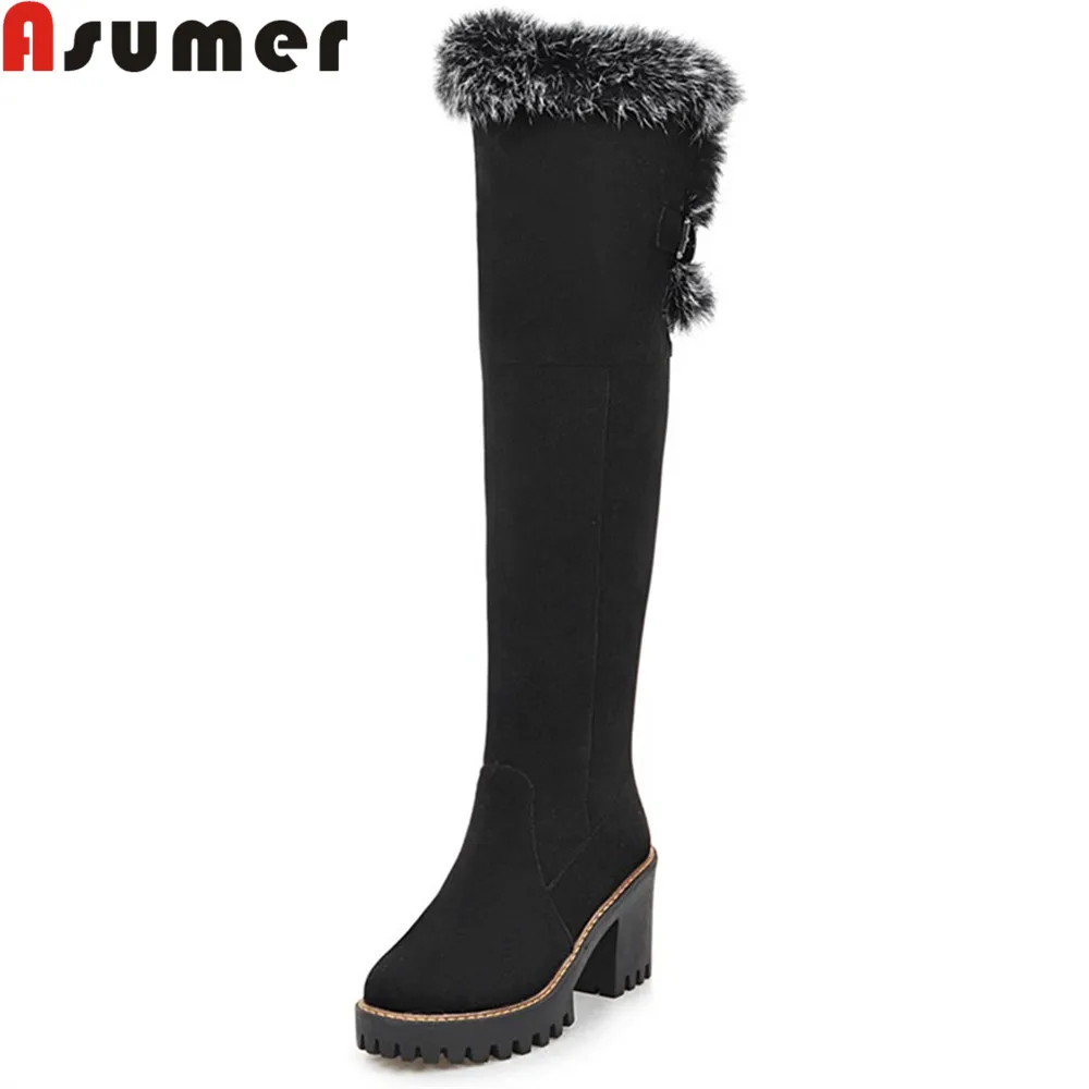 Kopen ASUMER mode nieuwe vrouwen laarzen ronde neus rits flock zwart bruin dames laarzen gesp vierkante hak platform over de knie laarzen