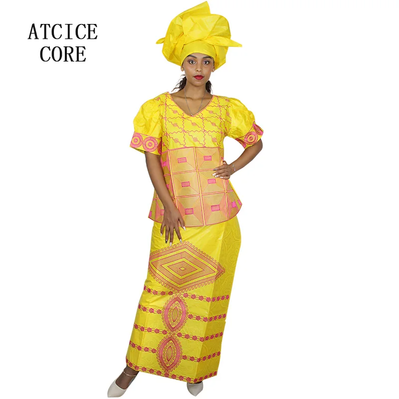 

AFRICAN BAZIN RICHE EMBROIDERY SKIRT TOP WITH RAPPER AND SCARF PLAIN MATERIAL 100% COTTON DP119#