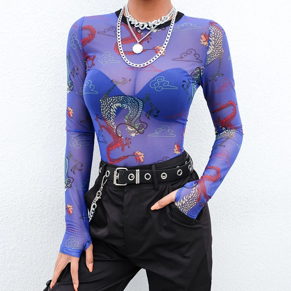 Модный сексуальный женский топ на бретелях, сетчатый Длинный топ с круглым вырезом и рисунком дракона, топ с пуговицами для большого пальца, фиолетовая уличная одежда