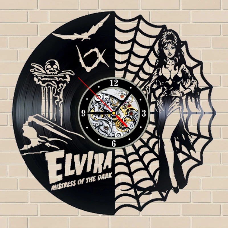 

Elvira Mistress Of The Dark 3D Record Hanging LED Clock Round Hollow Vinyl LP Vintage Handmade Art Clock Creative Home Decor