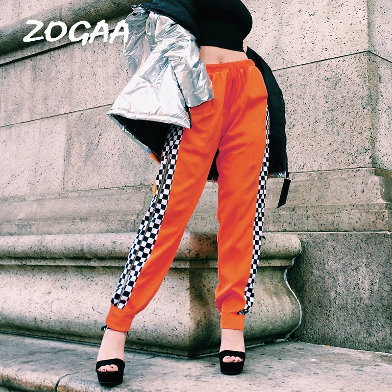 

ZOGAA Women Sexy Orange Joggers Pants Black White Plaid Side Loose Drawstring Elastic High Waist Streetwear Casual Long Trousers