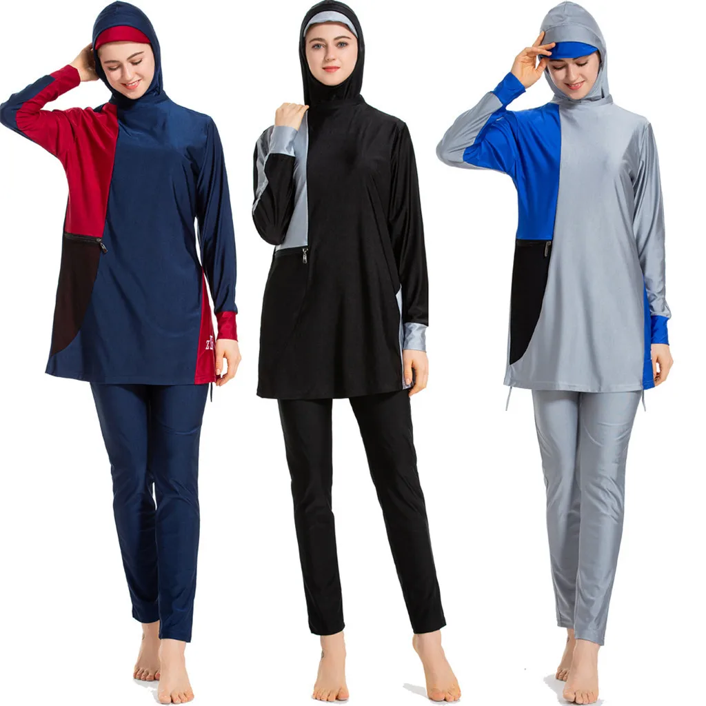 

CHAMSGEND Women Muslim conservative swimsuit with hood fashion temperament elegant thin beachwear with cap three-piece swimsuit