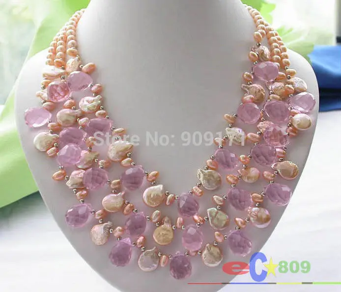 

Free Shipping>>3ROW PINK RICE/COIN FRESHWATER PEARL DRIP CRYSTAL NECKLACE