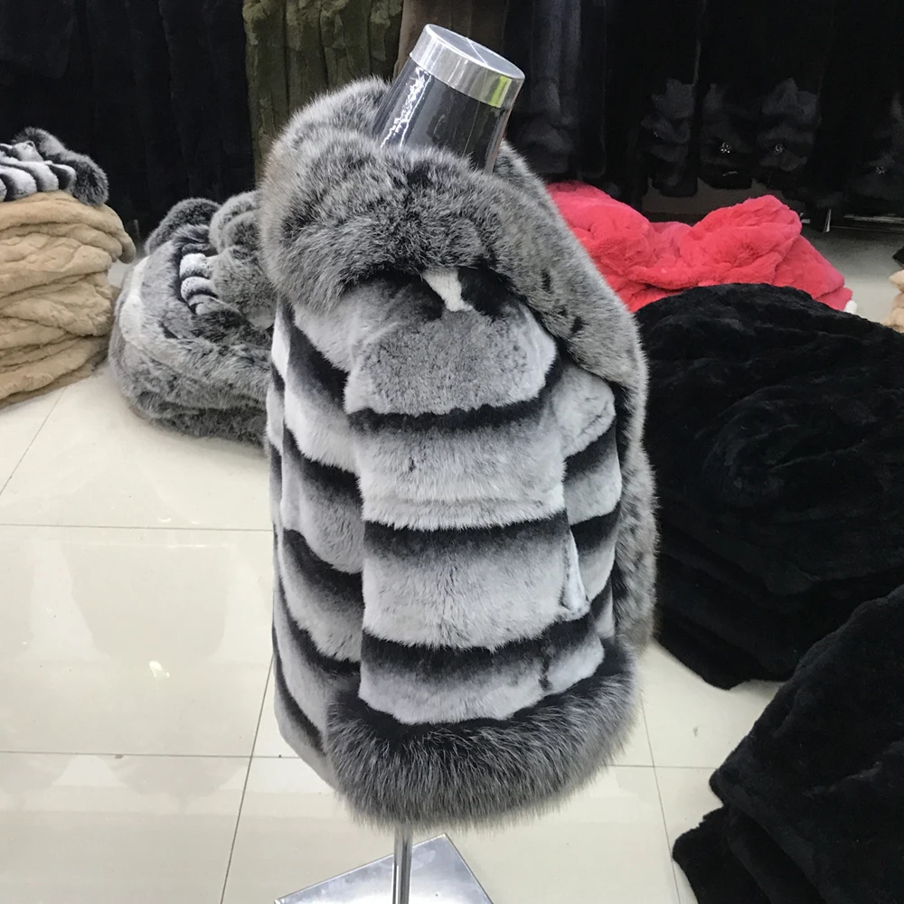 Top Women Rex Rabbit Fur Coat Warm Soft Rex Rabbit Fur Jacket With Big Real Fox Fur Collar 100% Natural Real Rex Rabbit Fur Overcoat 4