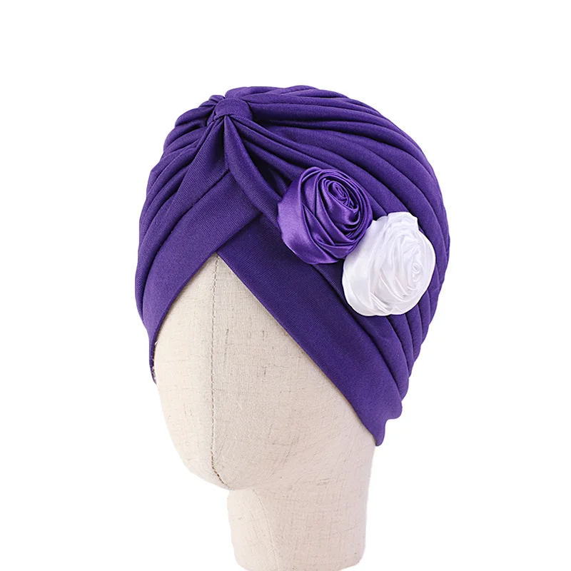 Модный детский винтажный двойной цветок шапочка-тюрбан Стильная шапка Детская кепка chemo мусульманский тюрбан повязки на голову Детские аксессуары для волос - Цвет: Фиолетовый