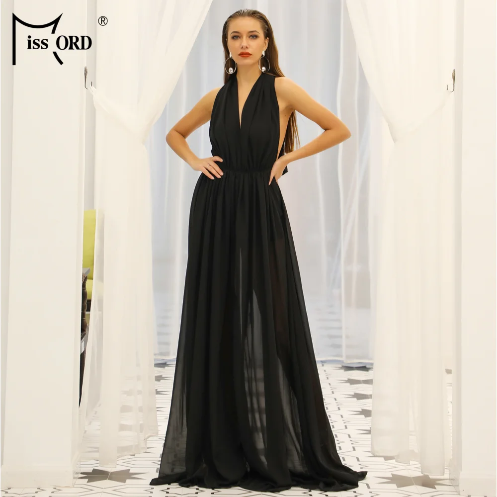 

Missord 2019 Women Summer Sexy Off Shoulder Backless Tie Chiffon Dresses Female Maxi Elegant Solid Color Dress FT18837
