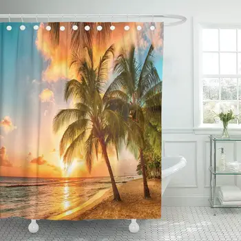 

Waterproof Shower Curtain Beautiful Sunset Over the Sea at Palms on White Beach Caribbean Island Extra Long Anti Bacterial