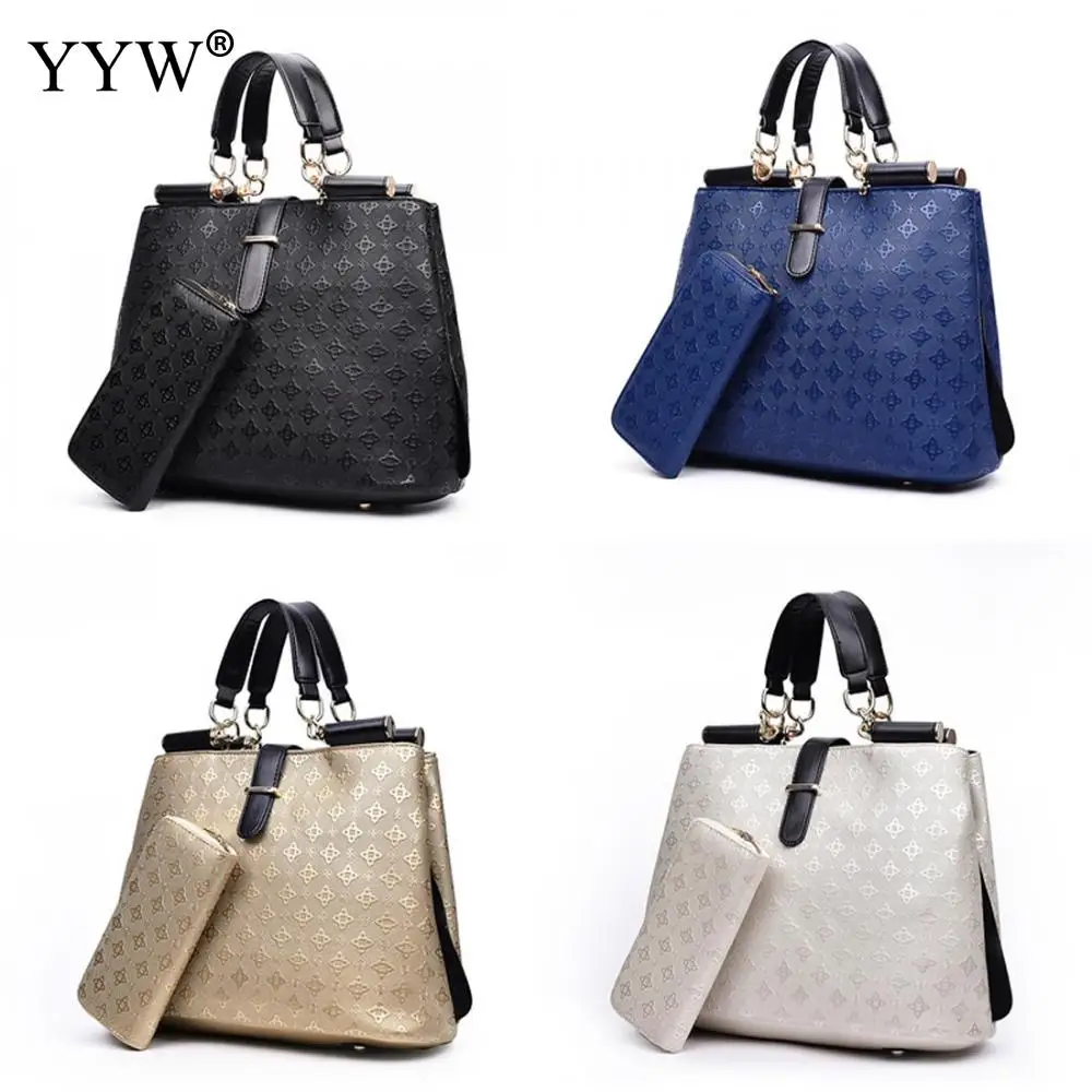 

2 PCS/Set Gold PU Leather Handbags Women Bag Set Famous Brands Emboss Pattern Top-Handle Bag Lady's Tote Bag Black Womens'Pouch