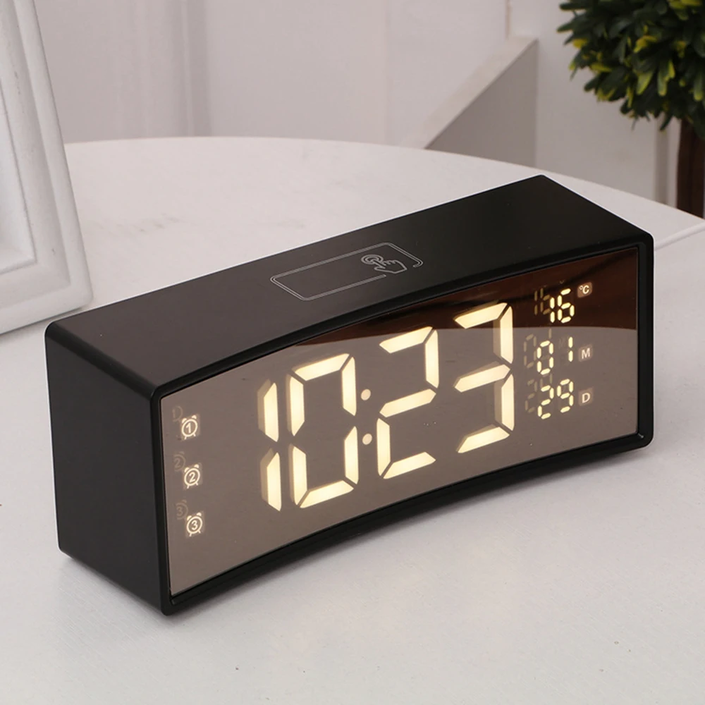 

Digital LED Display Alarm Clock Desktop Digital Mirror Clock Alarm Snooze Function Thermometer Adjustable Brightness Electronic