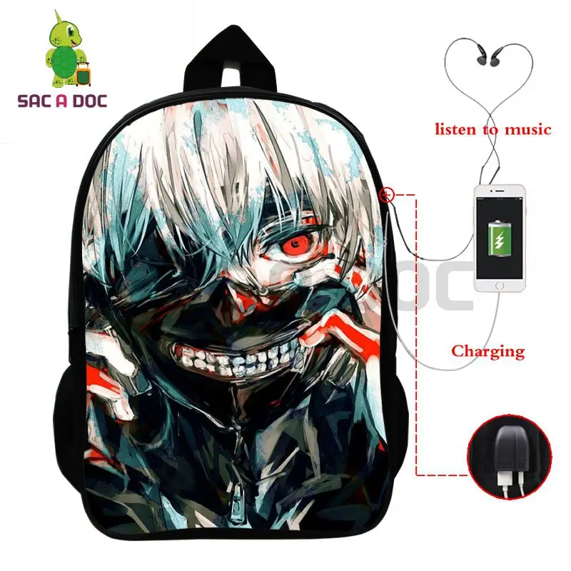 أنيمي طوكيو الغول Kaneki كين متعددة الوظائف على ظهره للمراهقين USB شحن سماعة جاك محمول على ظهره المدرسة السفر أكياس أنيمي طوكيو الغول Kaneki كين متعددة الوظائف على ظهره للمراهقين USB شحن سماعة جاك محمول على ظهره المدرسة السفر أكياس