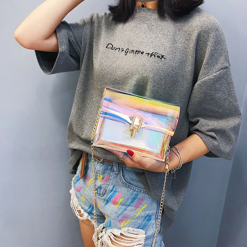 أكياس Crossbody للنساء 2019 الليزر شفافة أكياس أزياء المرأة الكورية نمط حقيبة كتف رسول PVC حقيبة شاطئ مضادة للماء