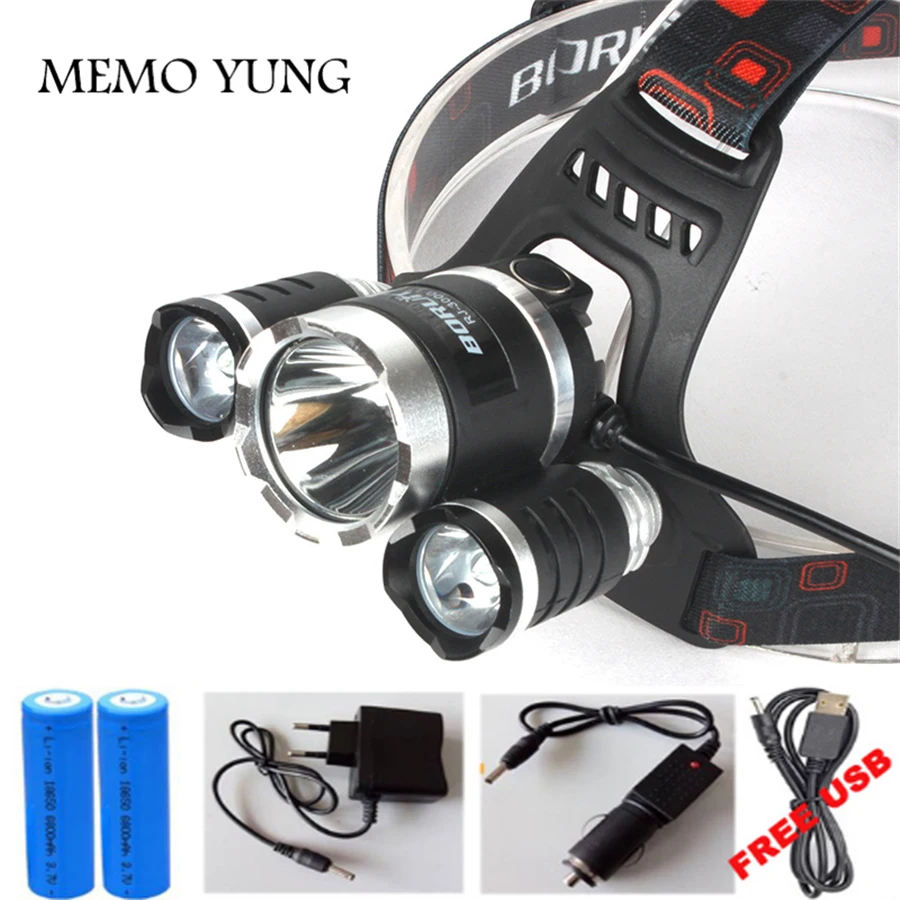 

CREE XML T6+2R5 LED Headlight 9000Lm Headlamp Light 4-mode torch +2x18650 battery+EU/US Car charger for fishing Lights