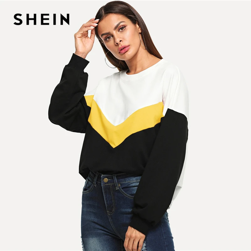  SHEIN Multicolor Cut And Sew Color Block Pullover Casual Long Sleeve Round Neck Sweatshirts Women A