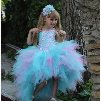 

First Communion Dress High Low Tulle Ball Gown Pearls Bow Strap Fluffy Girls Pageant Dress Cute Pink&Blue Flower Girl Dresses