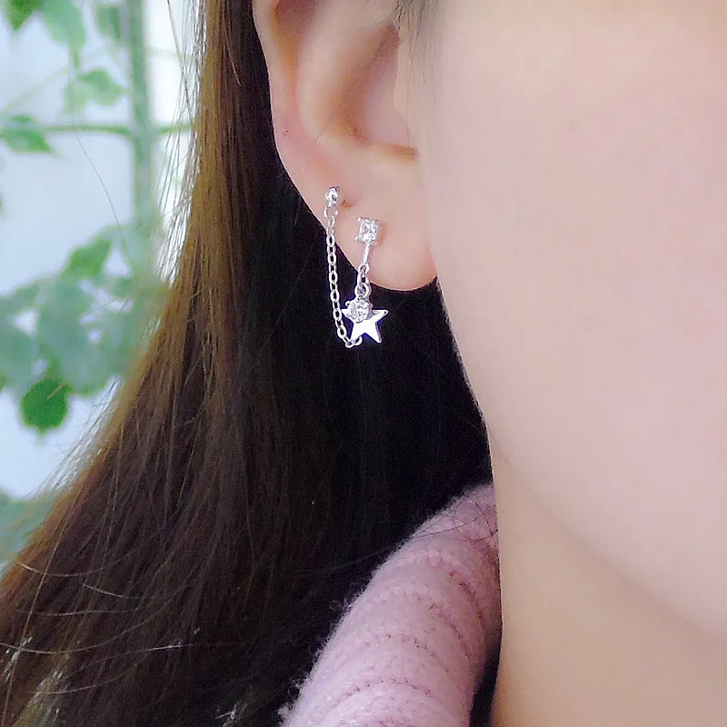 

Original design double-pierced earrings 925 silver double monolayer asymmetric Star Department of ears two ear pierced ear nails