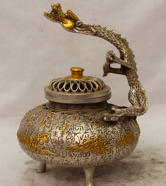 

8" Chinese Dynasty Palace Silver Gild FuDragon Bead Statue Wine Tea Pot Flagon S R0709