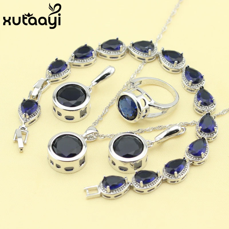 Мода 925, Серебряные Ювелирные наборы для женщин, темно-синий кубический цирконий, ангельское свадебное ожерелье, кольца, серьги, браслет