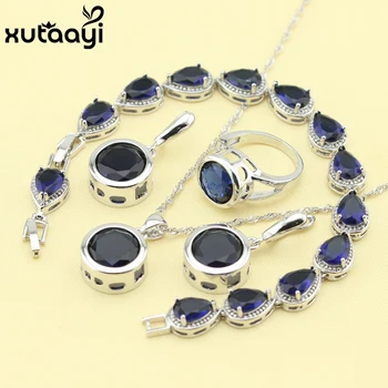 

Fashion Silver colorcolor Jewelry Sets For Women Dark Blue Cubic Zirconia Angelic Wedding Necklace Rings Earrings Bracelet