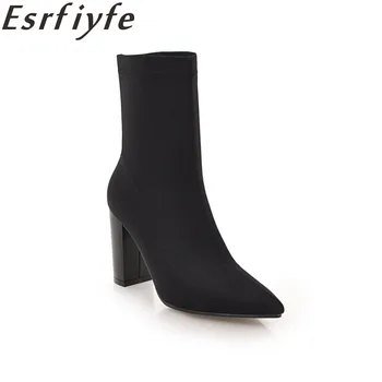 

ESRFIYFE Women's Boots Pointed Toe Sequined Cloth Ankle Boots Thick High Heels Shoes Woman Female Socks Boots 2018 New Antumn