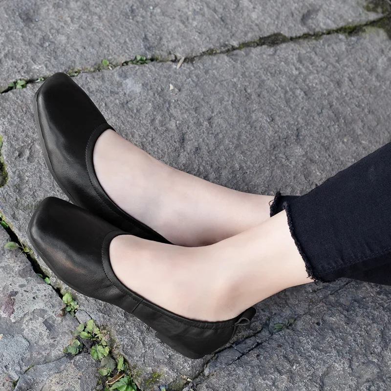 

Women Leather Flats Square Toe Casual Black Shoes Spring Low Heels Lazy Shoes Ladies Handmage Genuine Leather Women Flats 2019