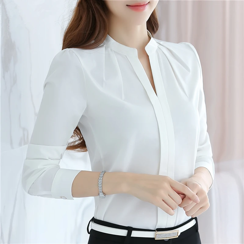 New Women Shirts Loose Full Sleeve Chiffon Stand Neck