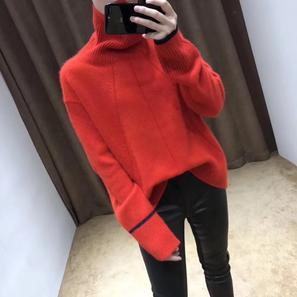 Women's Long Sleeve Turtleneck Mink Cashmere Sweater Women Autumn Winter Navy Blue Grey Oversized Sweaters Casual Pullover Tops | Женская