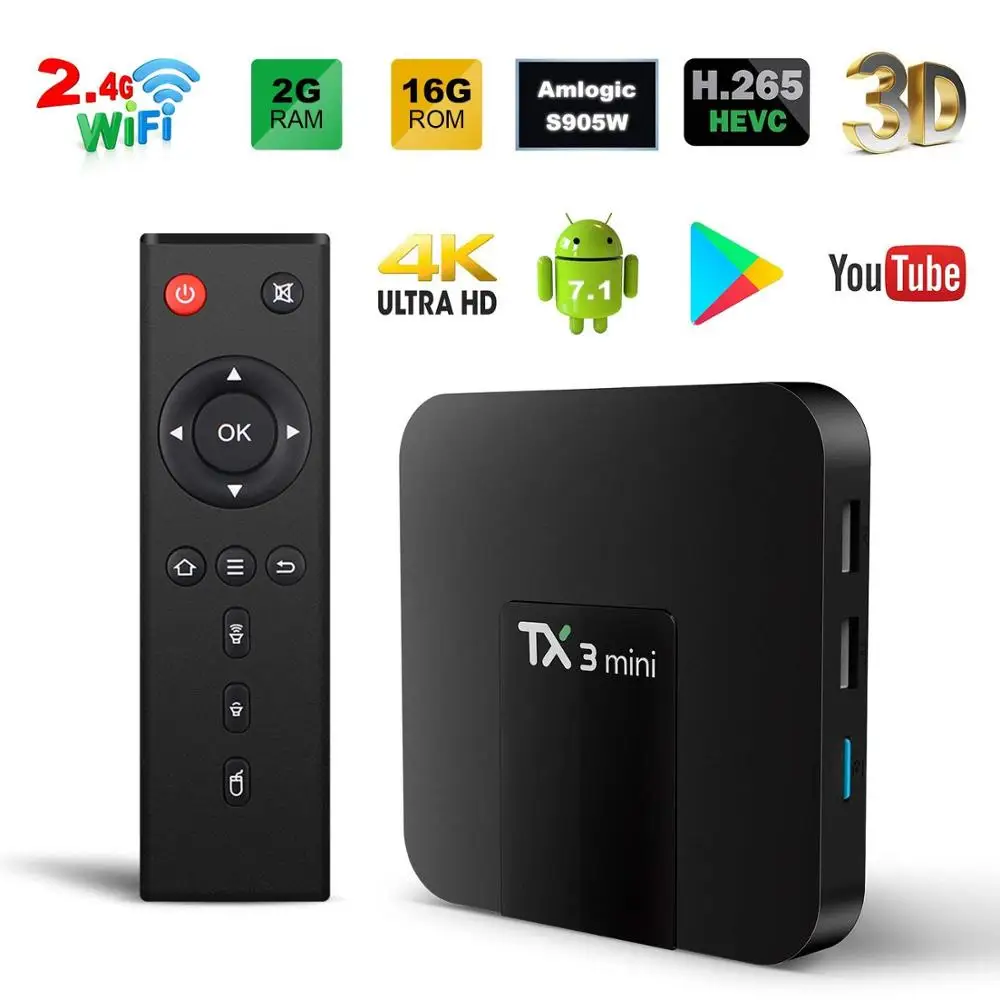 

Android TV Box TX3 MiNi Android 7.1 Smart Set Top Box 2GB 16GB Amlogic S905W Quad Core DDR3 H.265 4K HD WiFi IPTV Media Player