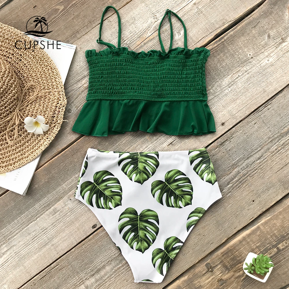 Günstige CUPSHE Gesmokt Green Leaf Print High Taille Bikini Sets Frauen Rüschen Zwei Stück Badeanzüge 2020 Mädchen Boho Badeanzüge
