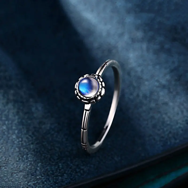 

925 Silver Round Ring Natural moon Stone Pure S925 Sterling Solid Silver Rings for Women Jewelry Adjustable Size