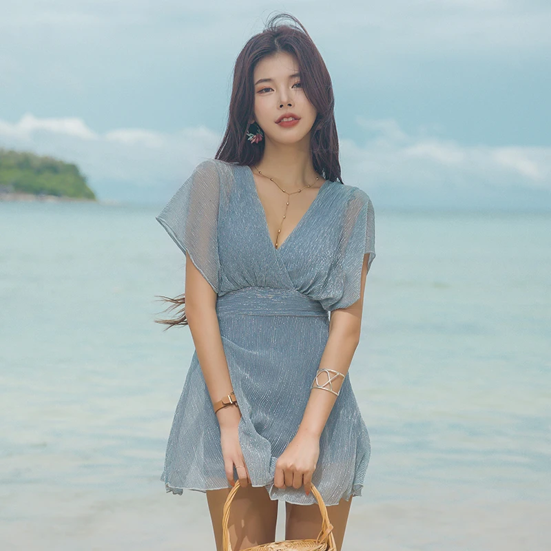 

2019 Korea One Piece Swimsuit Women Lovely Deep V Blue Pink Sexy Backless Perspective Sexy Bathing Suit Women Beach Bathing
