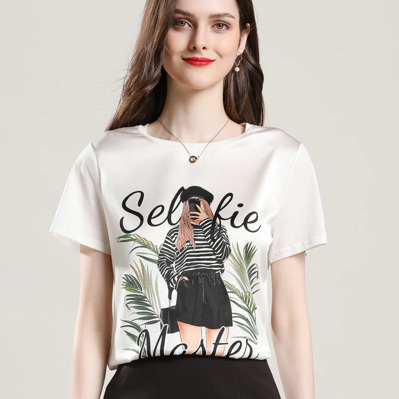 Luxury Women's Girl Plant Pattern Real Silk T-shirt Double Georgette Short Sleeve Thin Tshirt High-end Fabric Summer Tees |