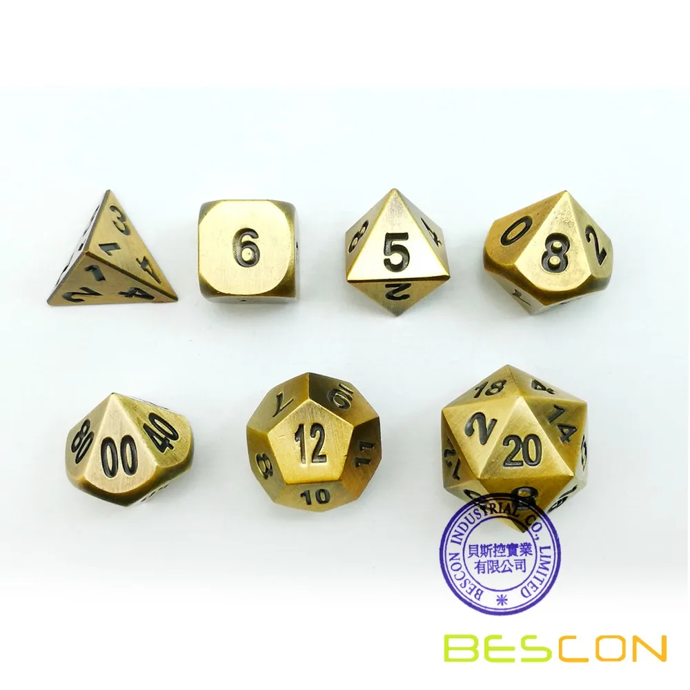 Bescon Brass Solid Metal Polyhedral D&D Dice Set of 7 Copper Metal RPG Role Playing Game Dice 7pcs Set 3