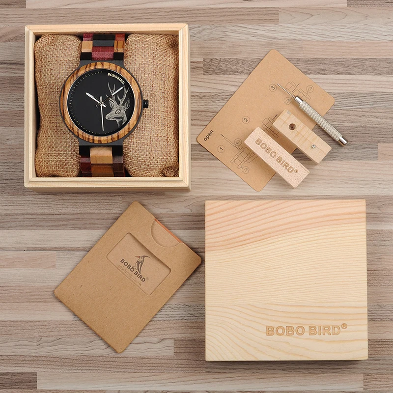 BOBO BIRD P14-2 Deer Collection Wood Watches Date and Week Display Quartz Men Watch with Unique Mixed Color Wooden Band