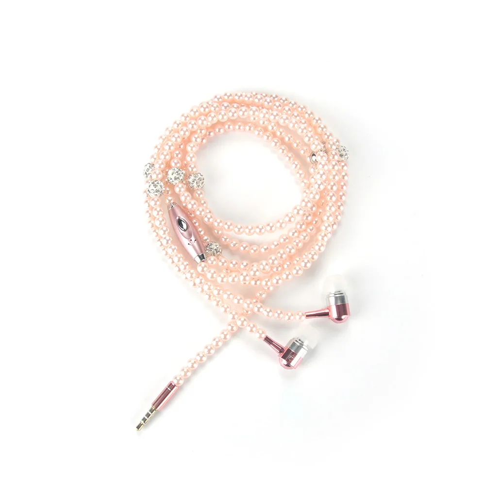 Стразы, ювелирные изделия, жемчужное ожерелье, наушники с микрофоном, бусины 3,5 мм, hi-fi проводные наушники для телефона Xiaomi - Цвет: pink