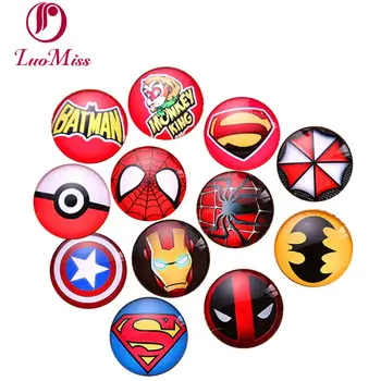 

Hot 24X 14mm Anime cool pattern Captain America\Spider man superman Round DIY Handmade Photo Glass Cabochons & Beads For Blank