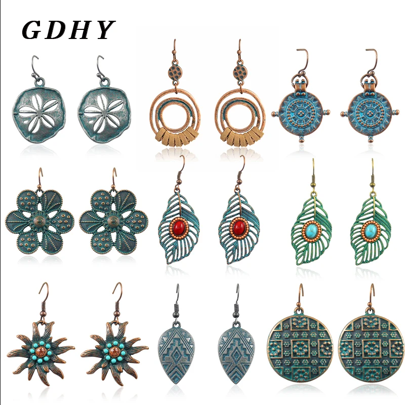 

GDHY Retro Bohemian Style Hollowed-out Pattern Leaf Leaves Ccircular Star Circular Droplet Ring Pattern Drop Earrings Gift