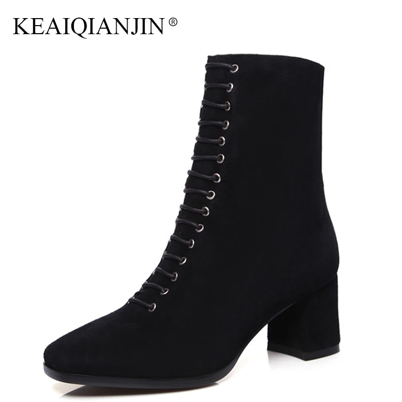 

KEAIQIANJIN Woman Lace Up Ankle Boots Autumn Winter Black Riding Boots Plus Size 33 - 40 Shoes Genuine Leather Martens Boots