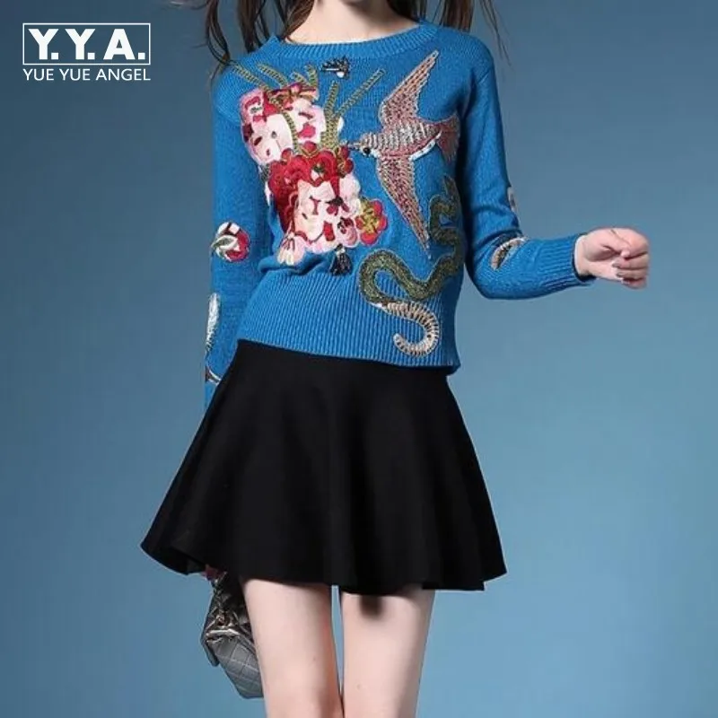 New Autumn Winter Sweaters Fashion Women's Long Sleeve Elegant birds beading Flower Embroidery novel Wool Sweater | Женская одежда