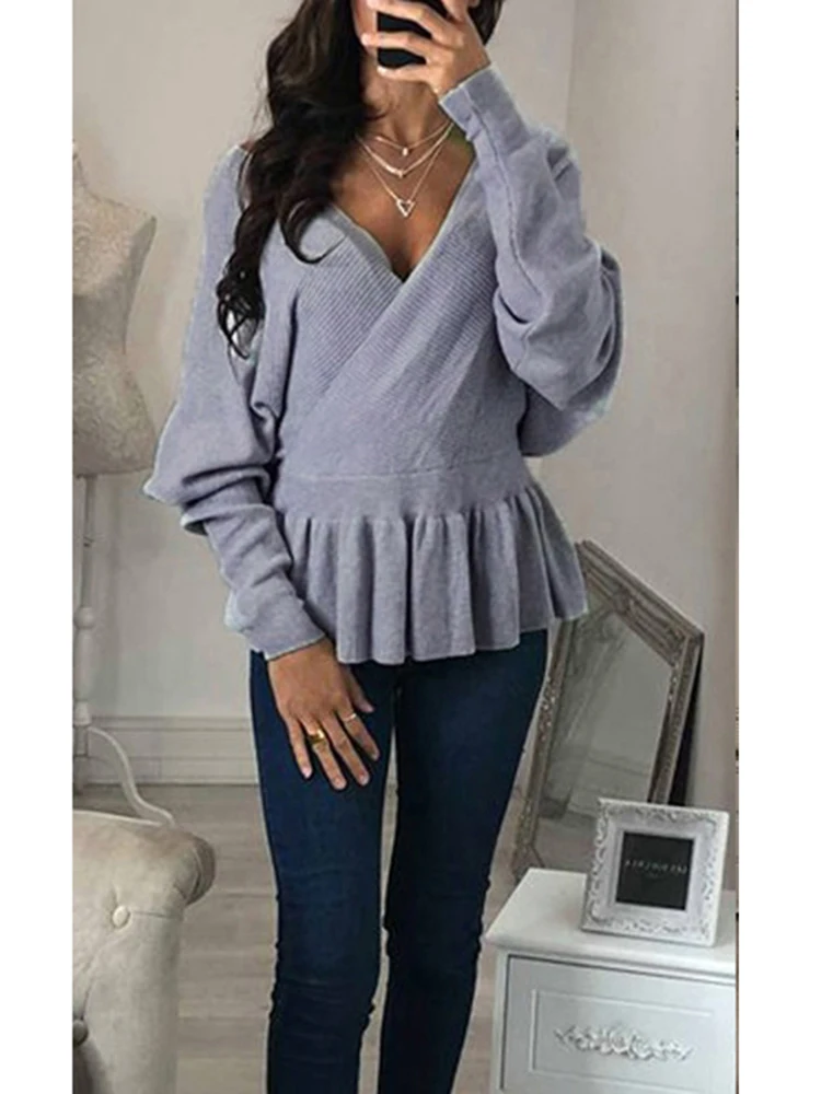 

Spring Autumn 2019 Sexy V Neck Kntted Pullovers Tops Fashion Long Sleeves Ruffle Elegant Slim Fit Tops SJ1985U