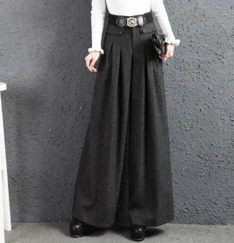 Шерстяные брюки женские осенние модные шерстяные брюки с высокой талией с поясом женские зимние толстые широкие брюки размера плюс S-3XL A3948 - Цвет: dark gray