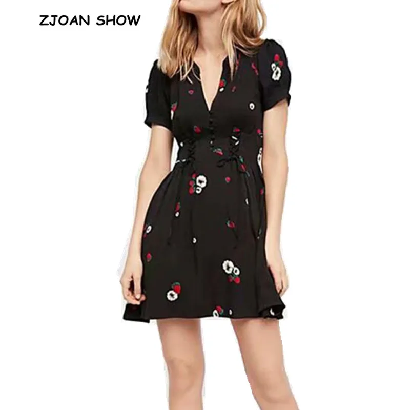 

Retro Lacing Up Slim Waist Strawberry Print Mini Dress Sexy Open Buttons V Neck Short Sleeve Party Dress New Women Vistdos 2018