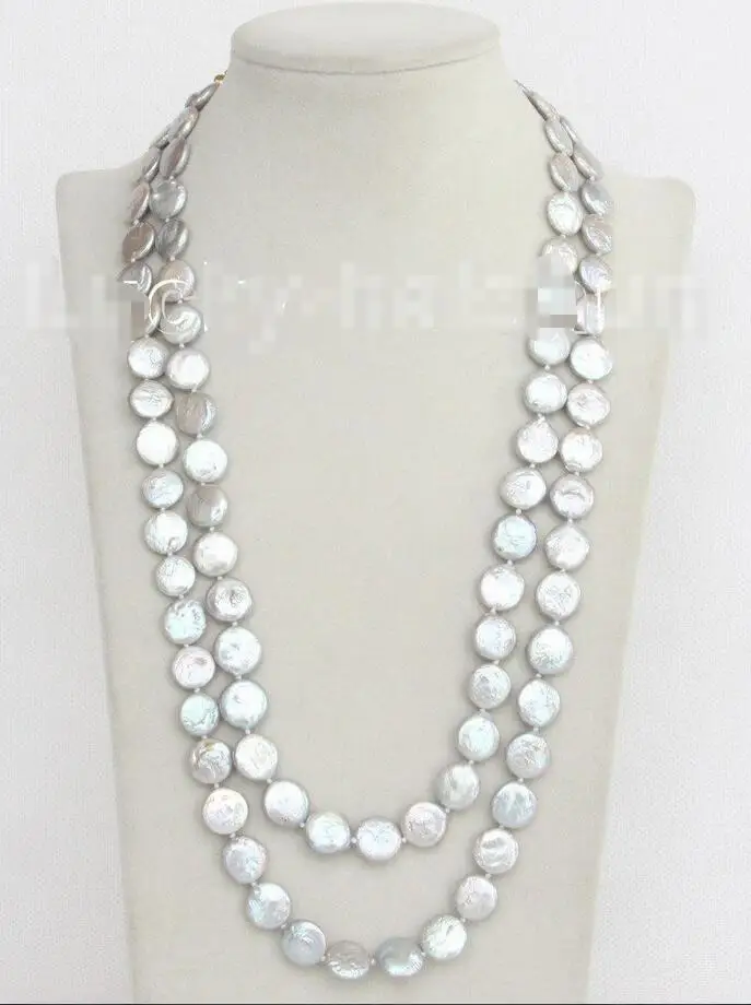 

Free shipping hot sale Women Bridal Wedding Jewelry >>length 48" 12mm coin fastener gray freshwater pearls necklace
