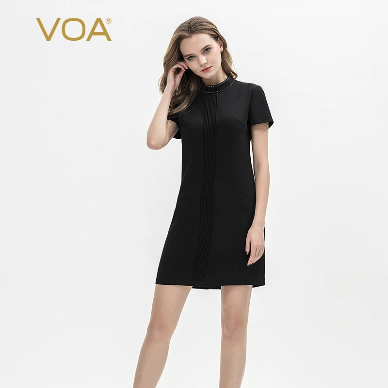 VOA Silk elastic force Repeat Half high collar Contrast color Arch needle Slim fit Tuck pleat Classic elegance dress A10218