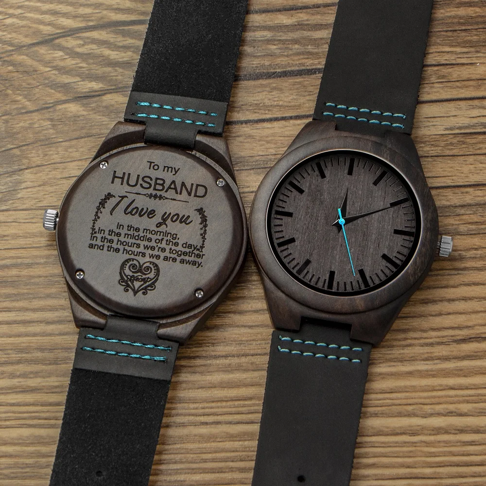 Natural Wood Blue Second Hand Watch Engraved Wooden Men Groomsmen Watch For Husband Son Birthday