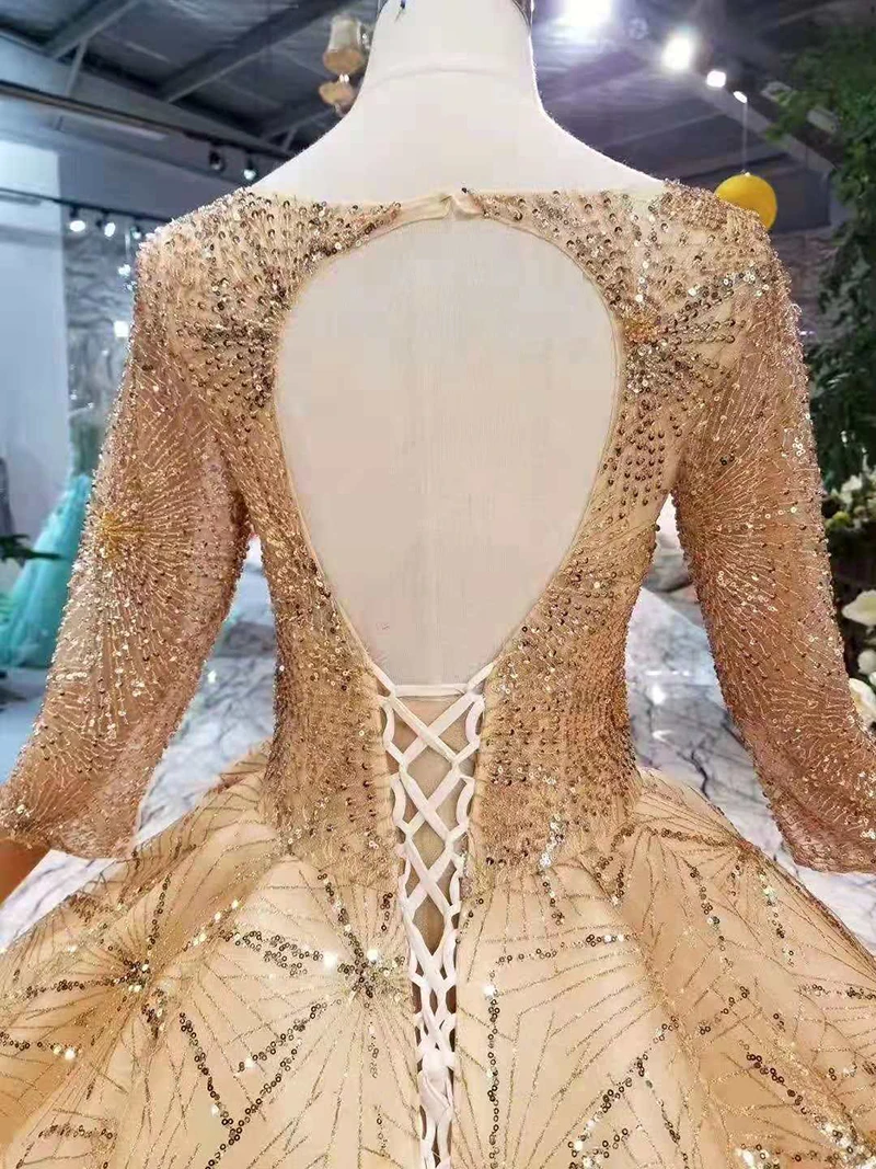 LS11081 золотой свадебное платье роскошный квадратный вырез с длинным рукавом блестящие свадебные платья цвета шампанского блестящее
