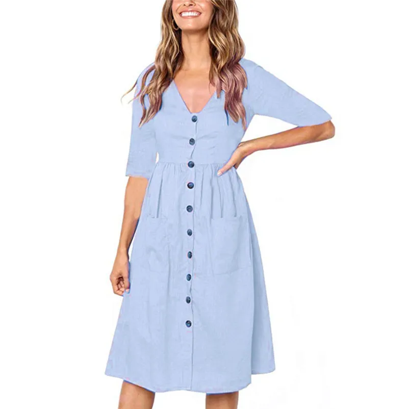 Fashion Autumn summer dress 2018 casual dress Women Holiday V Neck Solid Half Sleeve Buttons Club Party Dress vestido Y26#N (3)